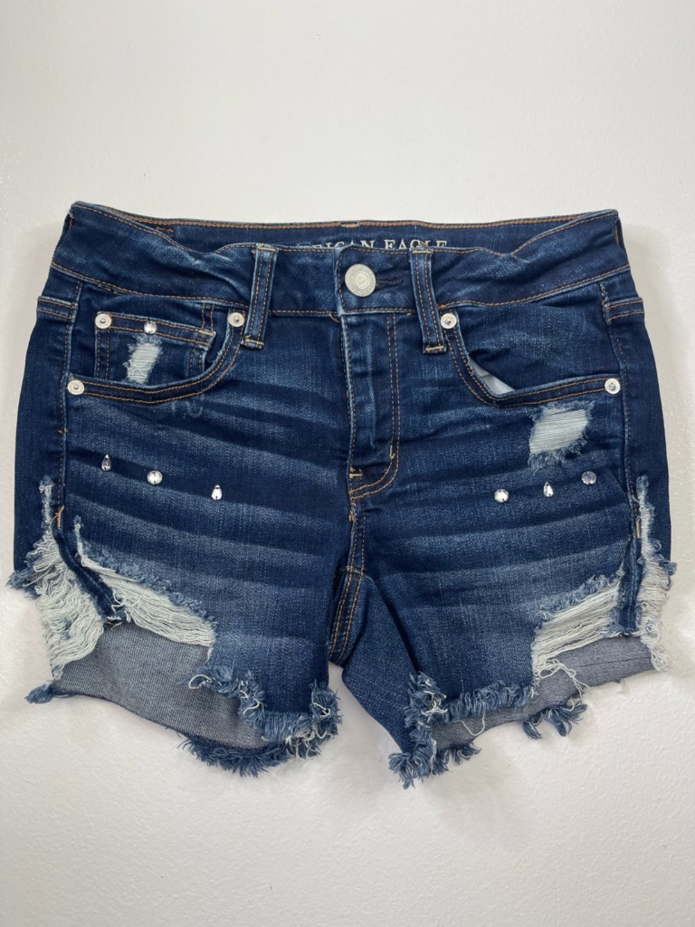 Custom American Eagle Distressed Rhinestone Denim Shorts Ne(x)t Level Stretch 6